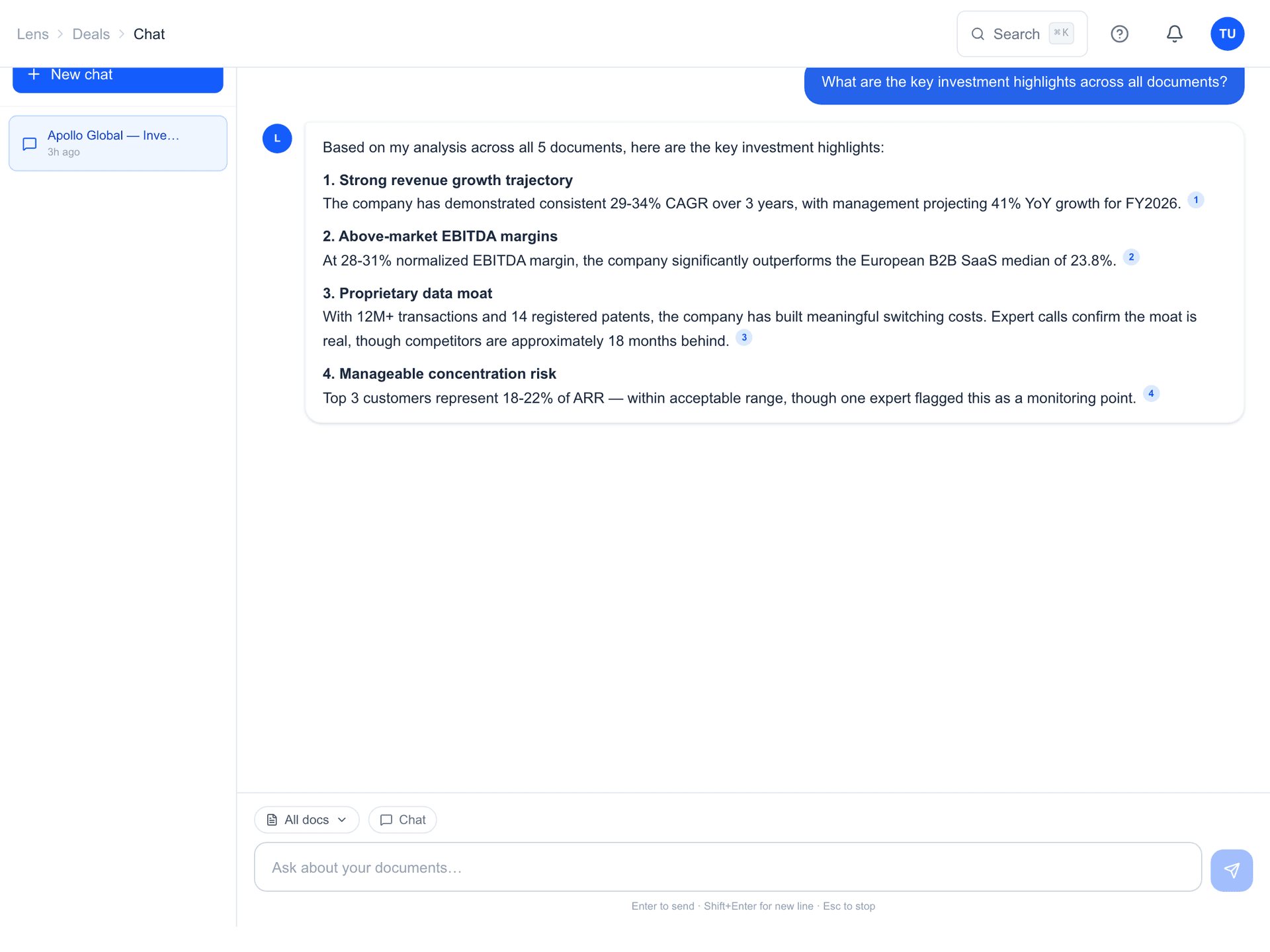 Lens Deep Research Chat: user asks about covenant risks across all credit agreements in a VDR. Structured response with inline citations [1][2][3]. Right panel shows highlighted source excerpts with page numbers.