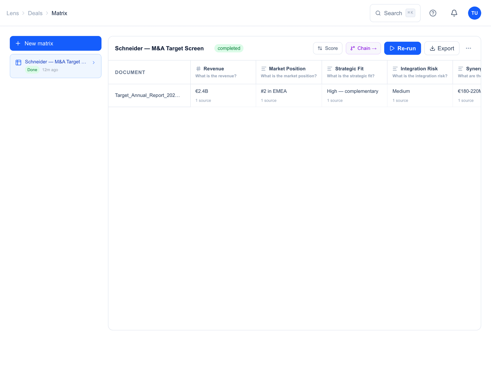 Lens board prep interface synthesizing peer filings and analyst reports with citation links for institutional presentation materials.