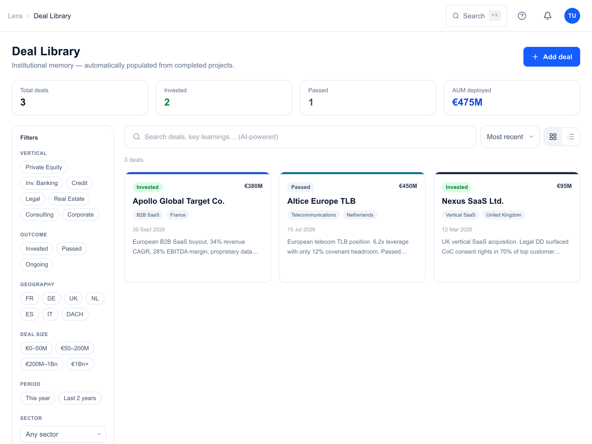Lens Deal Library showing a grid of 47 past deals with semantic search for 'B2B SaaS ARR above 10M EBITDA positive'. Results show vertical, geography, and outcome badges with 2-line summaries.